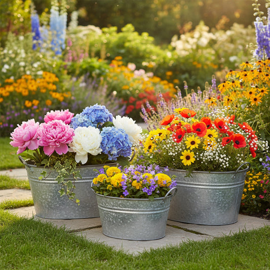 3er Set Zinkwanne oval verzinkt - Pflanzwanne Metall für Garten, Terrasse & Deko Blumentopf, Pflanztopf
