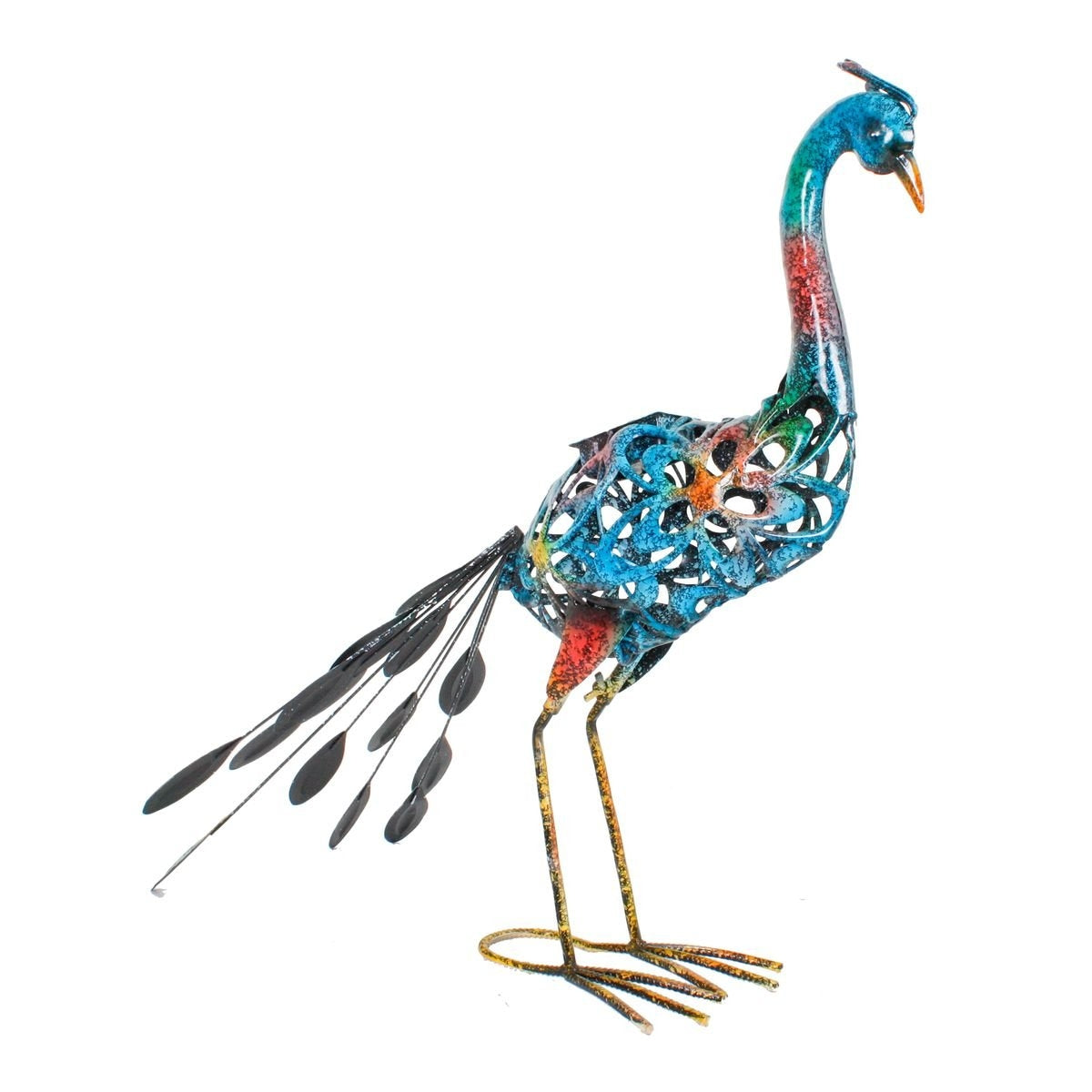 Pfau Solar Dekofigur für den Garten – handbemalte Metallfigur mit 3 LEDs