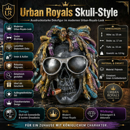 Rasta Totenkopf Dekofigur mit Sonnenbrille, Zigarre & Dreadlocks
