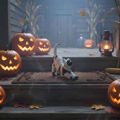 Halloween Deko Katze – handbemalte Katzenmumie Figur aus Polyresin 26×9×27 cm, gruselige Halloween Dekoration für Haus, Garten & Halloweenparty