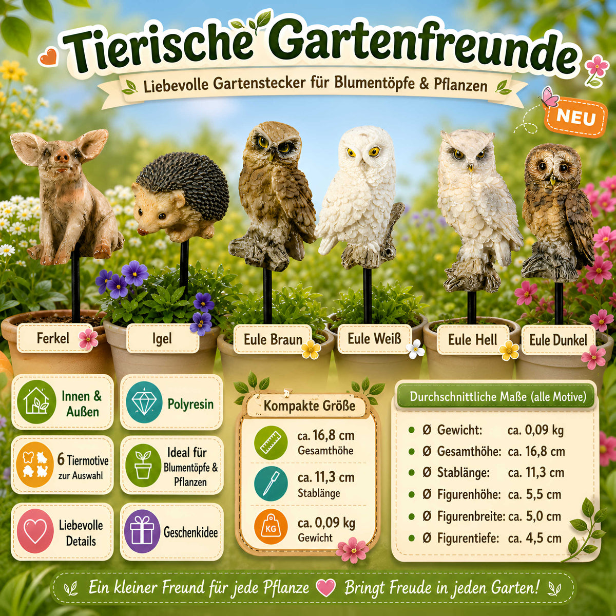 Tierische Blumenstecker & Gartenstecker für Beet und Blumentopf, 6 Motive