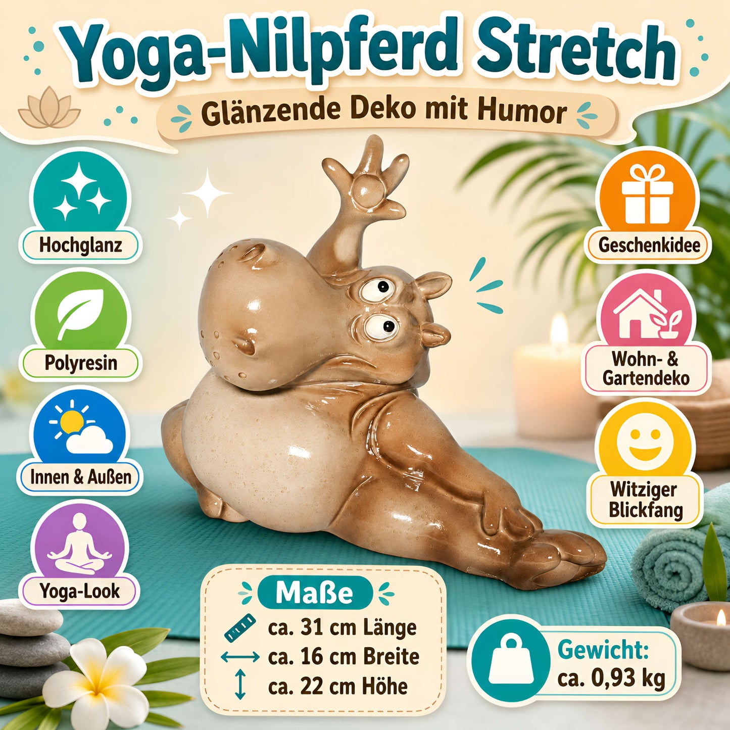 Yoga Nilpferd Dekofigur – glänzende Deko Figur in 2 Posen