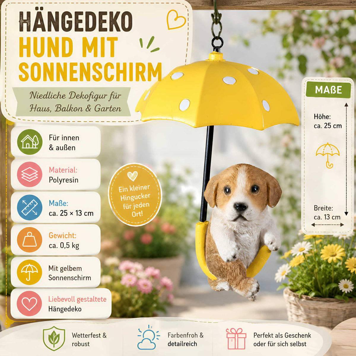 Hängedeko Tierfigur mit Schirm – Fenster- & Gartendeko: Biene, Mops oder Jack Russell