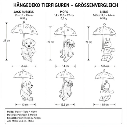 Hängedeko Tierfigur mit Schirm – Fenster- & Gartendeko: Biene, Mops oder Jack Russell