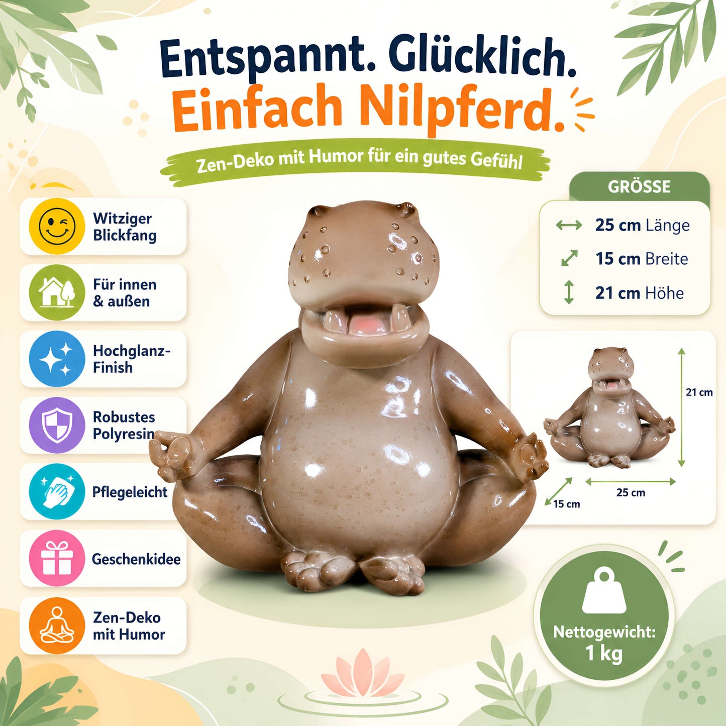 Yoga Nilpferd Dekofigur – glänzende Deko Figur in 2 Posen