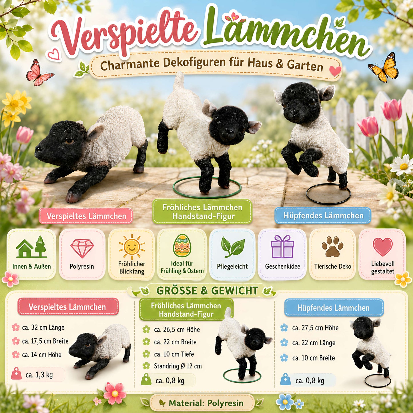 Verspieltes Lamm Dekofigur Set für den Garten – 3 Schafmotive