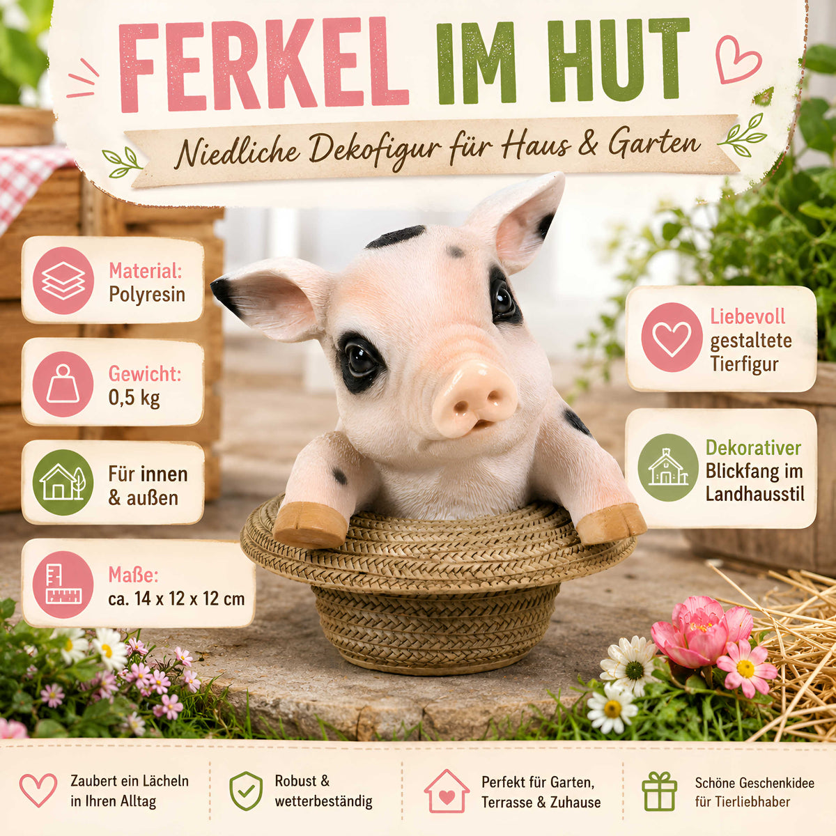 Glücksschwein Figur im Strohhut – Schweine Deko für Haus und Garten