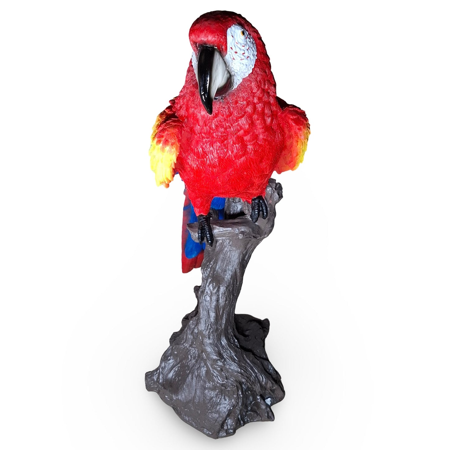 Papagei Figur – große Gartenfigur aus Polyresin, handbemalte Papagei Deko – bunte Dekofigur Papagei auf Baumstamm