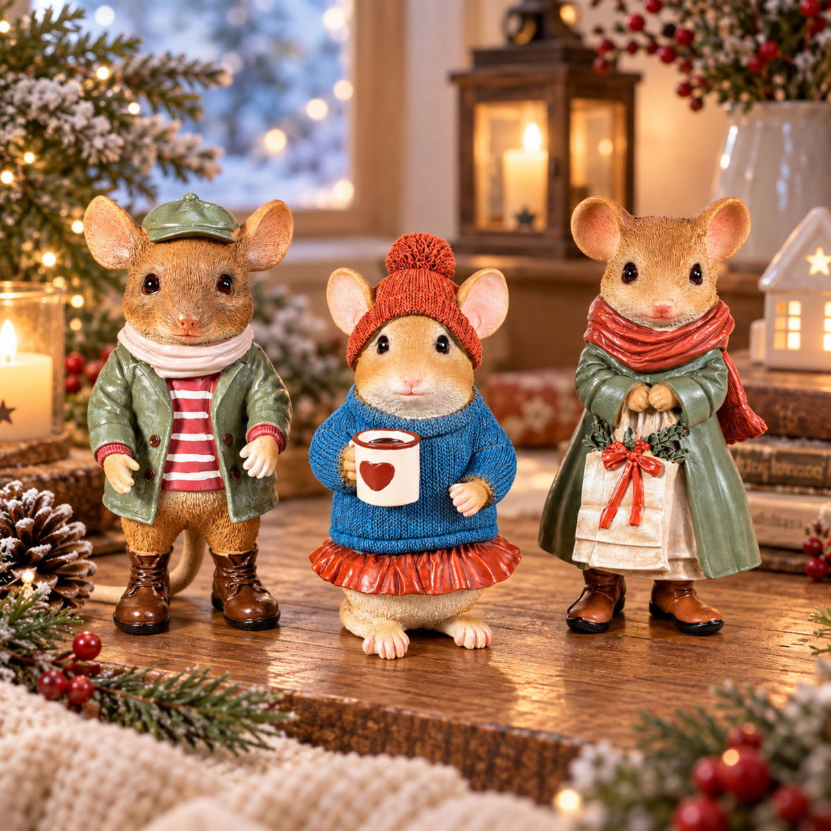 3 Motiven Weihnachtsmäuse Figuren aus Polyresin – Tischdeko, Winterdeko