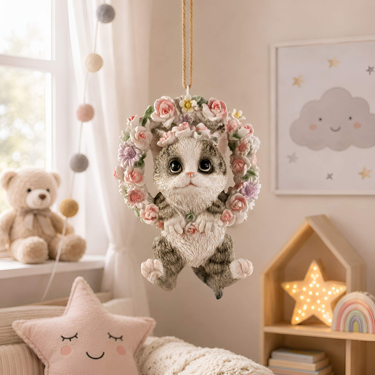 Hängedeko Katzenfigur oder Hundefigur im Blumenkranz – Tierfigur für Fenster & Garten