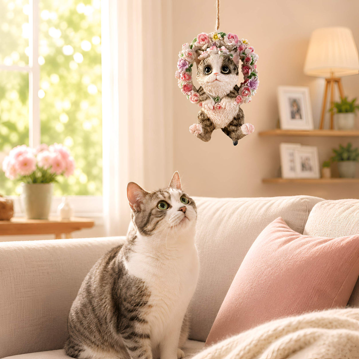 Hängedeko Katzenfigur oder Hundefigur im Blumenkranz – Tierfigur für Fenster & Garten