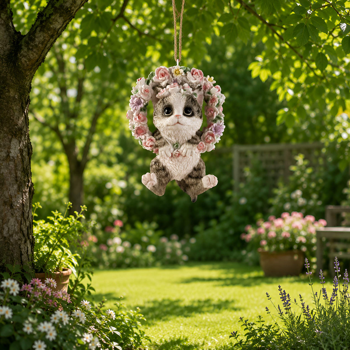 Hängedeko Katzenfigur oder Hundefigur im Blumenkranz – Tierfigur für Fenster & Garten