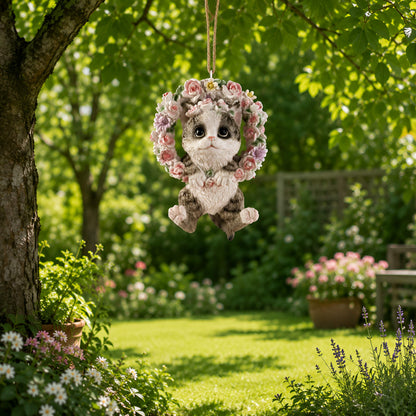 Hängedeko Katzenfigur oder Hundefigur im Blumenkranz – Tierfigur für Fenster & Garten