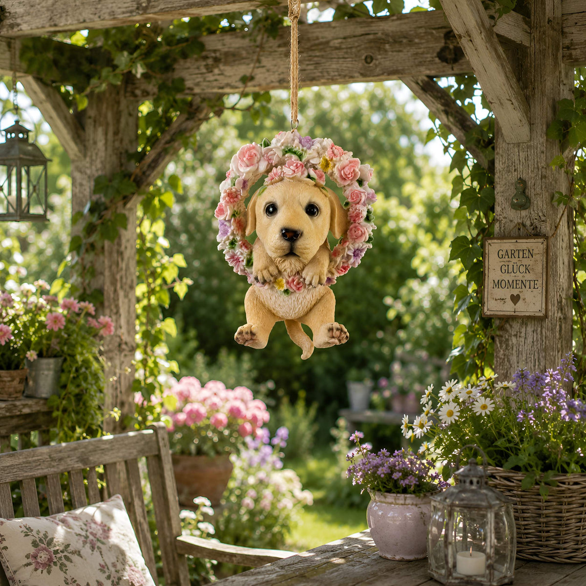 Hängedeko Katzenfigur oder Hundefigur im Blumenkranz – Tierfigur für Fenster & Garten