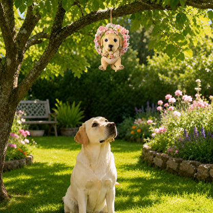 Hängedeko Katzenfigur oder Hundefigur im Blumenkranz – Tierfigur für Fenster & Garten