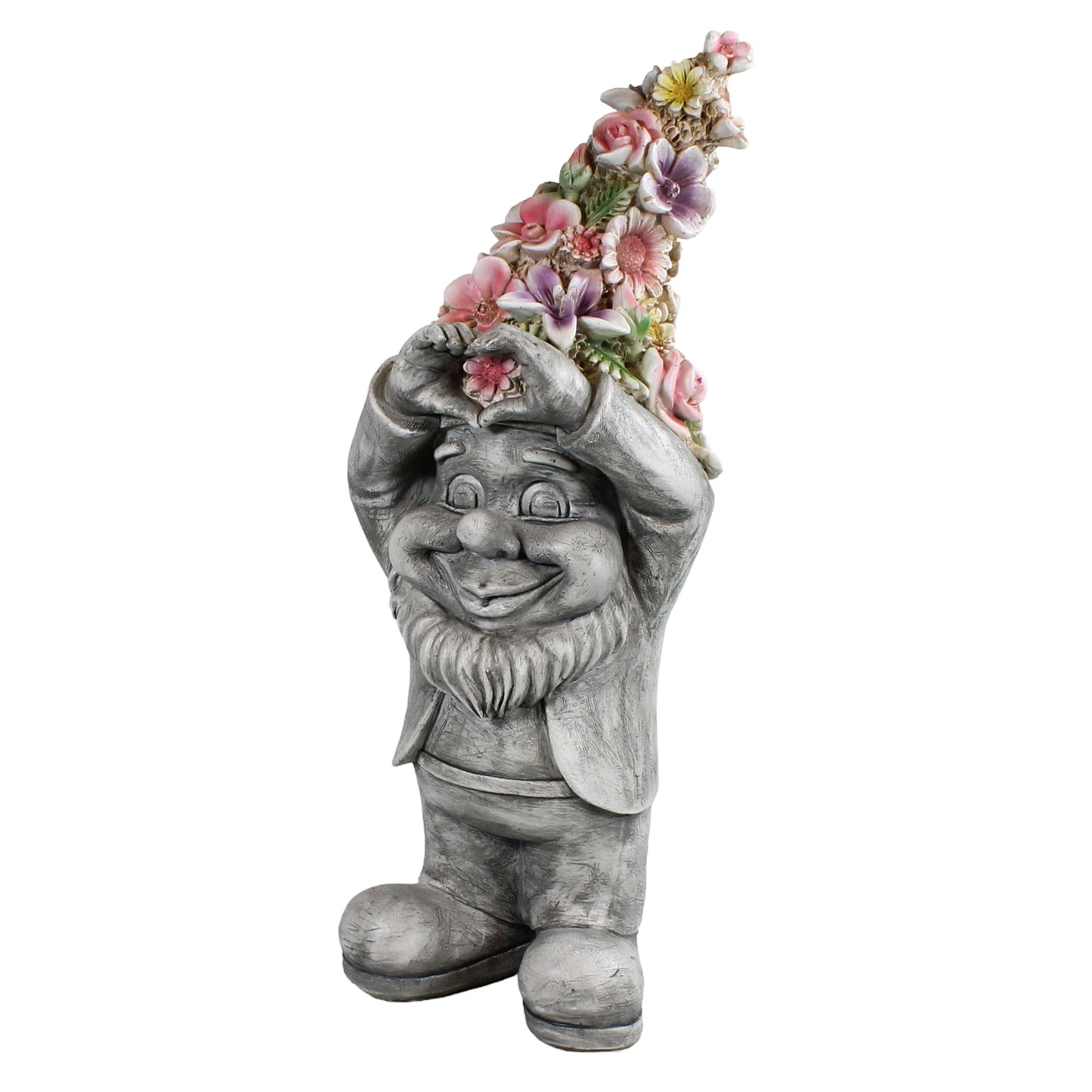 Gartenzwerg mit Herzhänden & Blumenmütze – Gartenfigur Blumenzwerg, handbemalt, verschiedene Größen