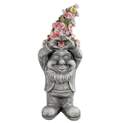 Gartenzwerg mit Herzhänden & Blumenmütze – Gartenfigur Blumenzwerg, handbemalt, verschiedene Größen