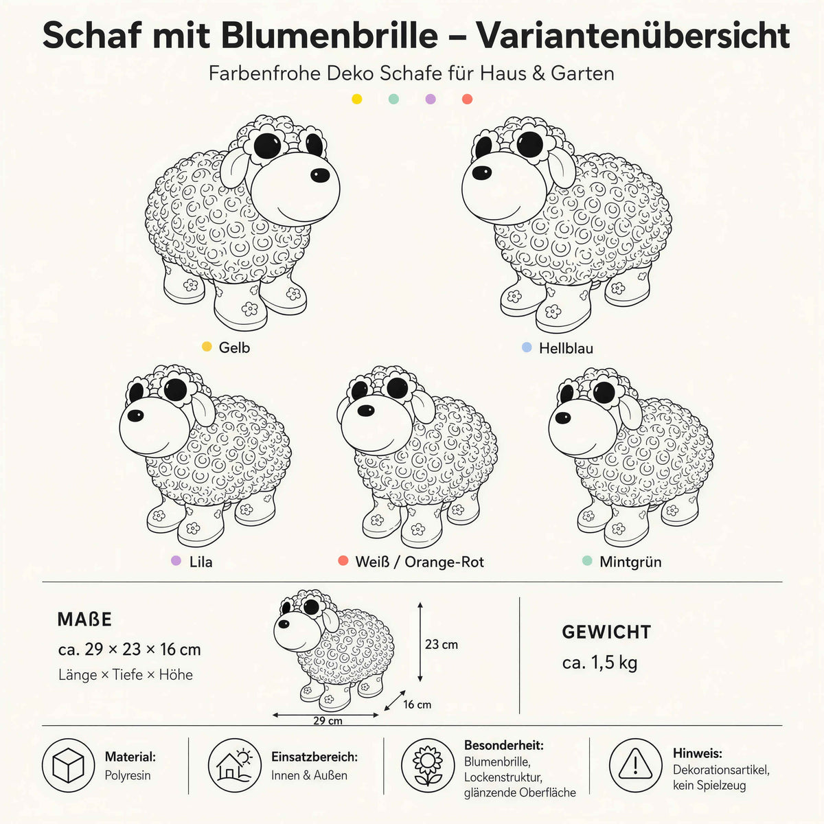 Bunte Schaffiguren mit Blumenbrille – Deko Schaf aus Polyresin für Garten & Zuhause