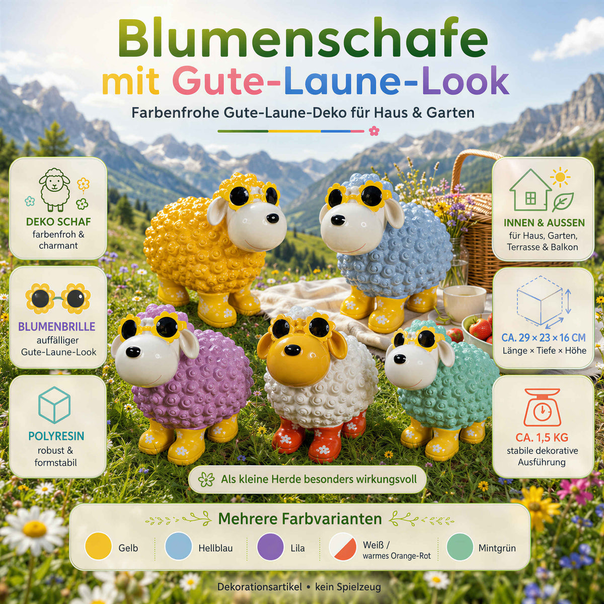 Bunte Schaffiguren mit Blumenbrille – Deko Schaf aus Polyresin für Garten & Zuhause