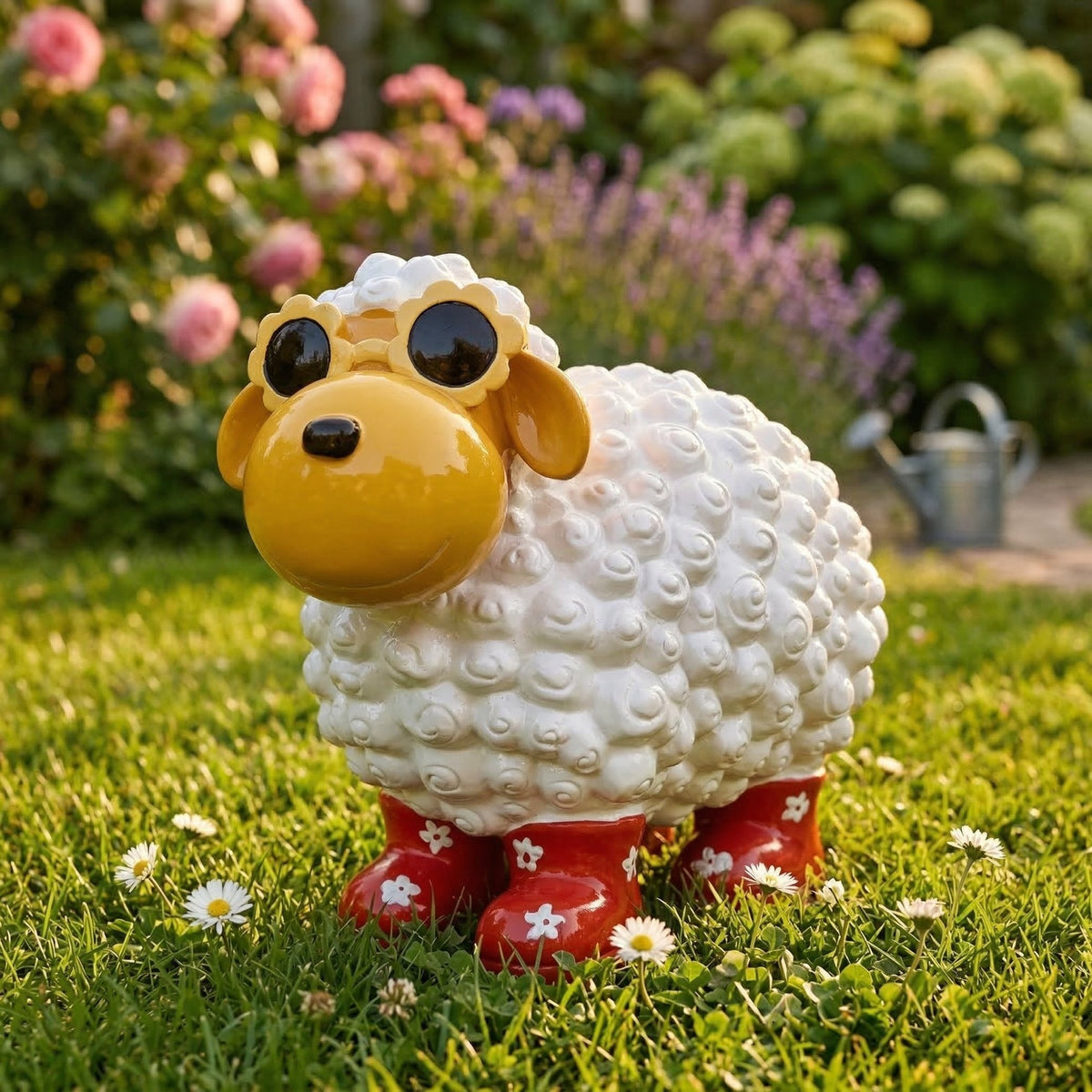 Bunte Schaffiguren mit Blumenbrille – Deko Schaf aus Polyresin für Garten & Zuhause