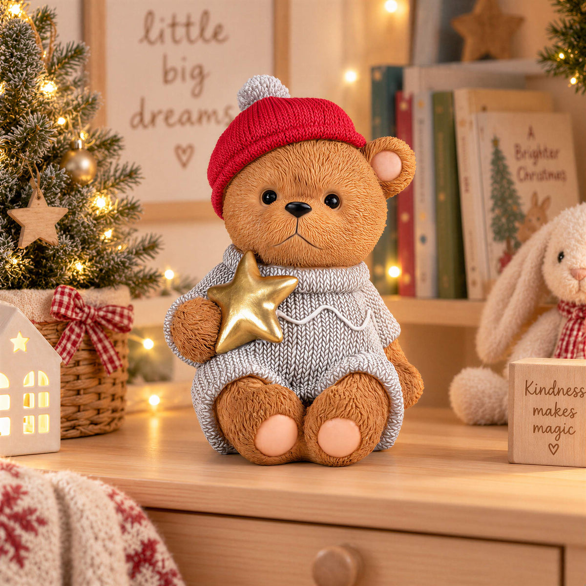 Weihnachtsbär als Dekofigur und Tischdeko Bär Figur mit Stern oder Geschenk