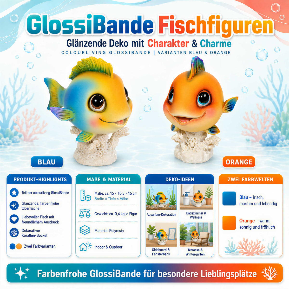 Glänzende Fischfigur GlossiBande in Blau oder Orange – maritime Deko innen & außen
