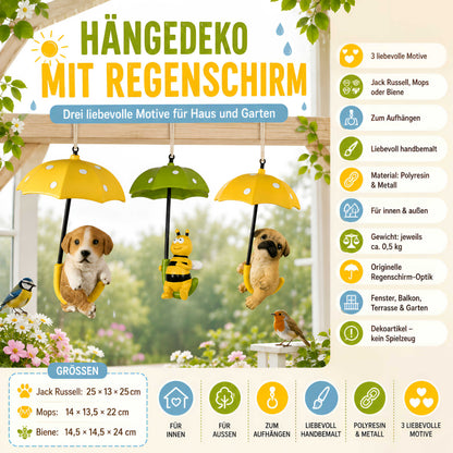 Hängedeko Tierfigur mit Schirm – Fenster- & Gartendeko: Biene, Mops oder Jack Russell