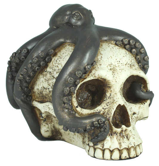 Totenkopf Dekofigur mit Tintenfisch – maritime Gothic Fantasy Figur