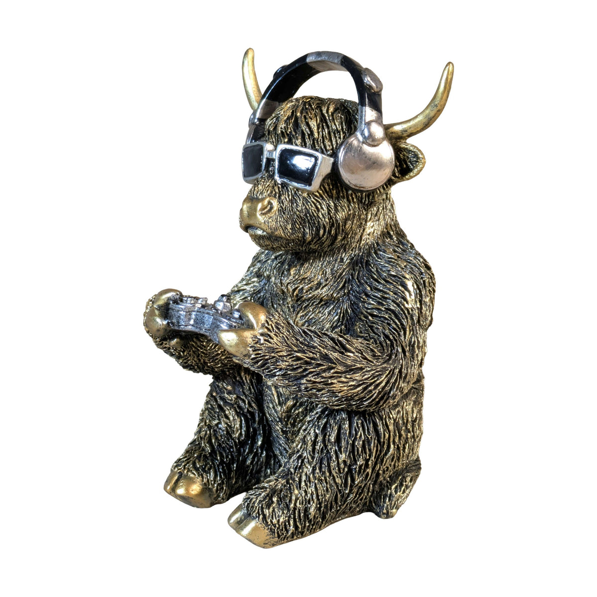 Highland-Cattle-Gamerfigur Kuh-Deko mit Headset & Controller, Goldlook Kuhfigur