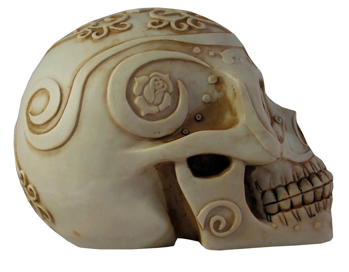 Totenkopf Dekofigur mit Rose – romantische Gothic Schädel Figur