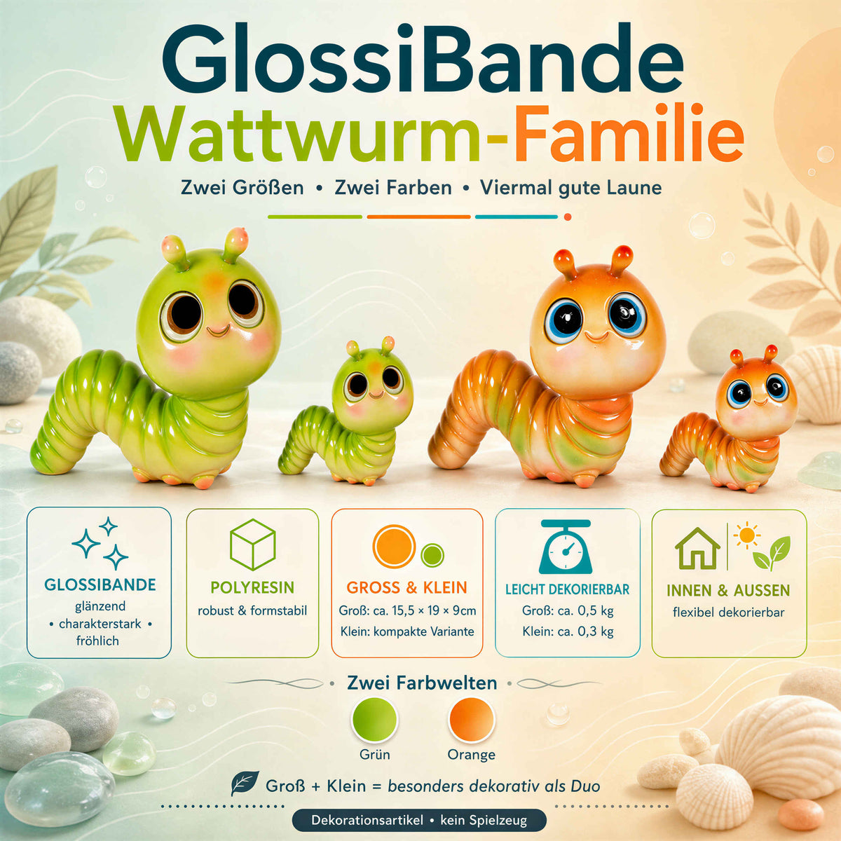 GlossiBande Wattwurm Dekofigur, glänzende Tierfigur in Grün oder Orange