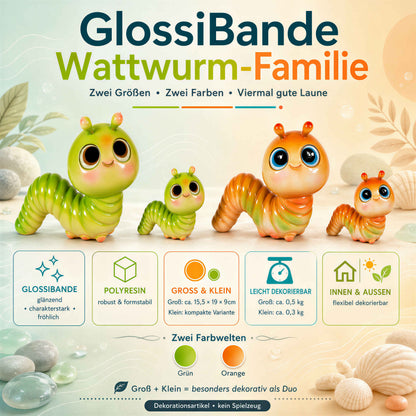GlossiBande Wattwurm Dekofigur, glänzende Tierfigur in Grün oder Orange