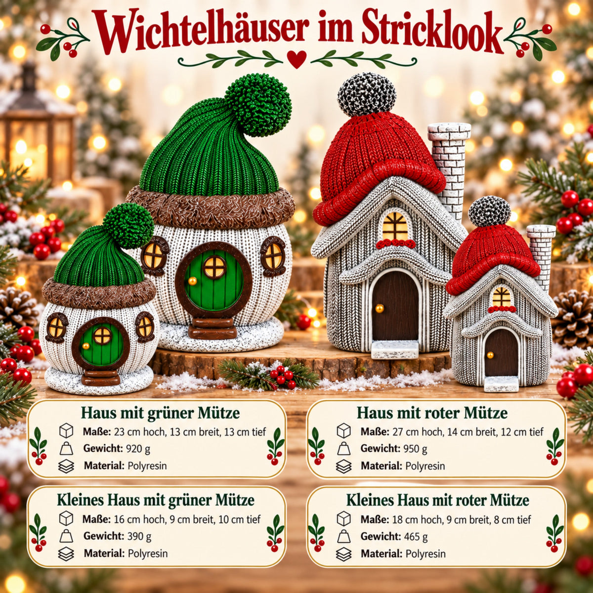 Weihnachtsdeko Wichtelhaus in Strickoptik – Weihnachtsdorf, 4 Varianten