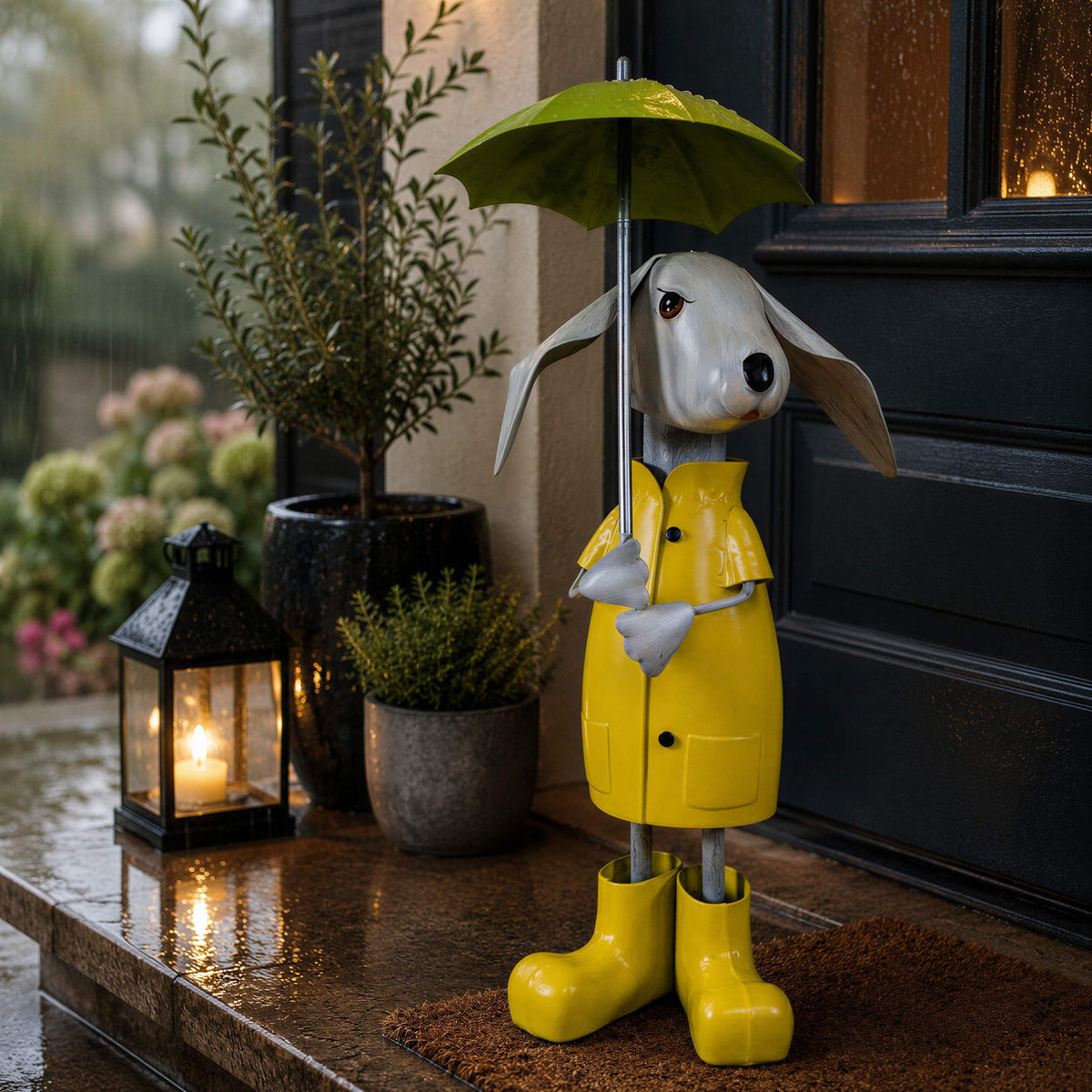 Lustige Gartenfigur aus Metall: Schaf, Kuh oder Frosch mit Regenschirm
