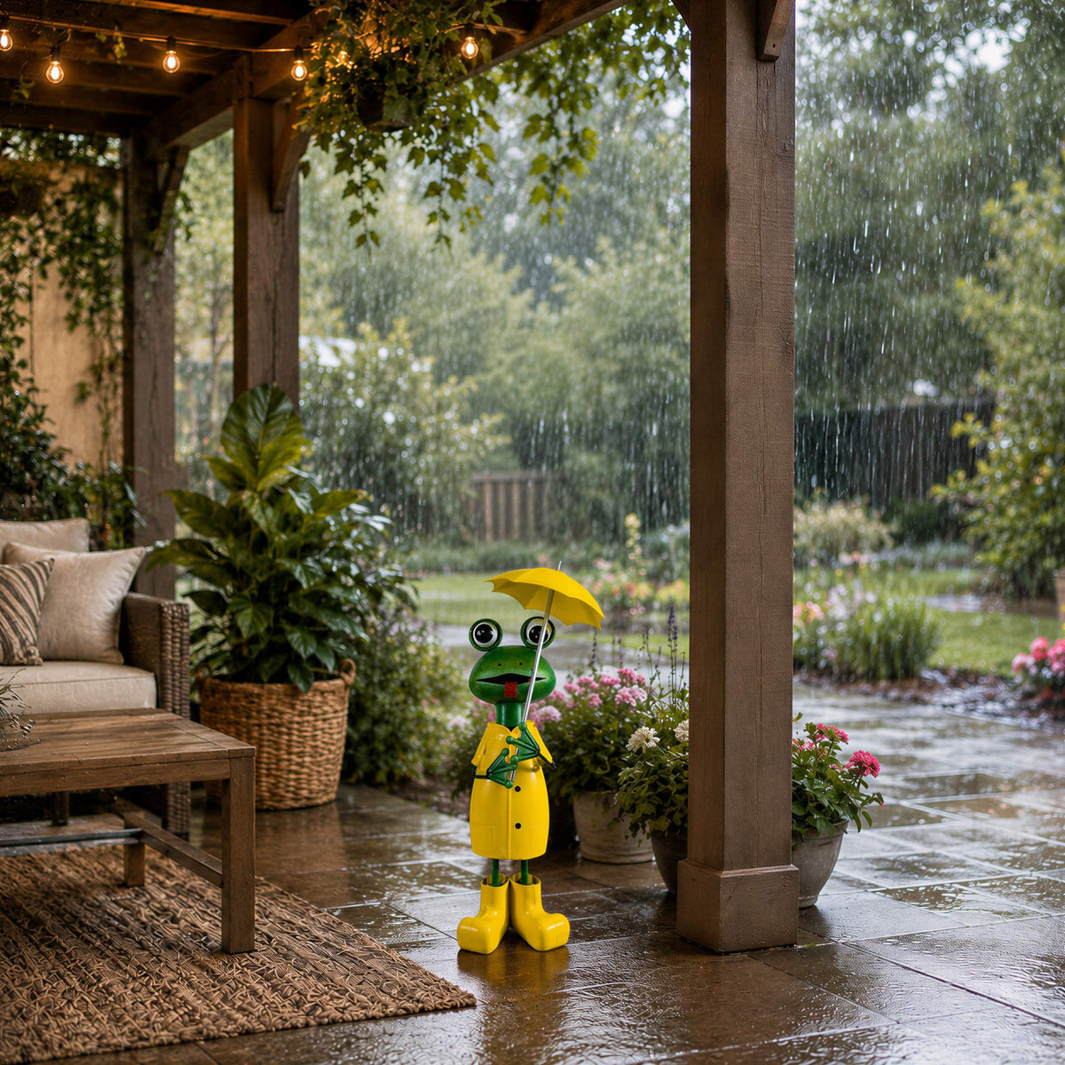Lustige Gartenfigur aus Metall: Schaf, Kuh oder Frosch mit Regenschirm