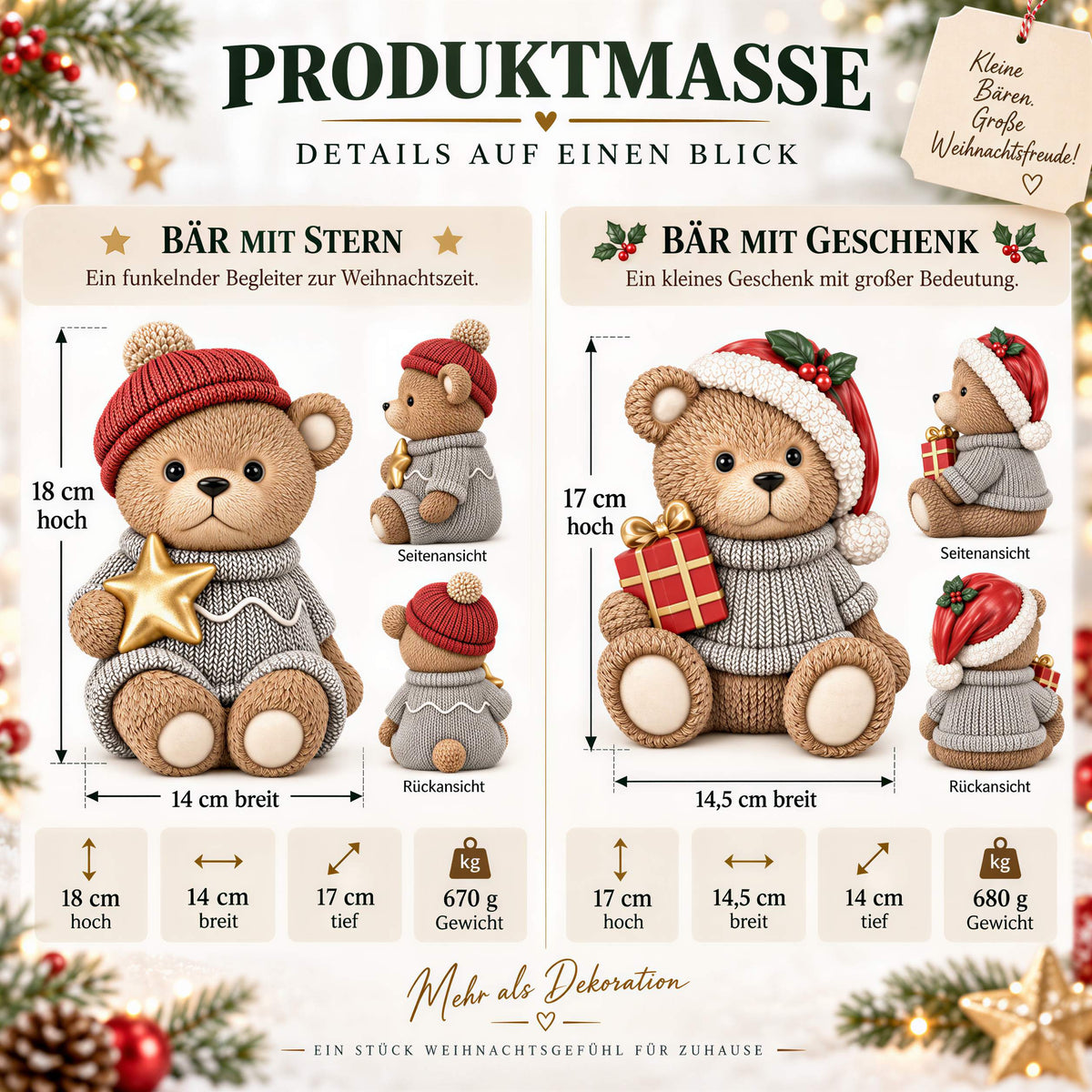 Weihnachtsbär als Dekofigur und Tischdeko Bär Figur mit Stern oder Geschenk