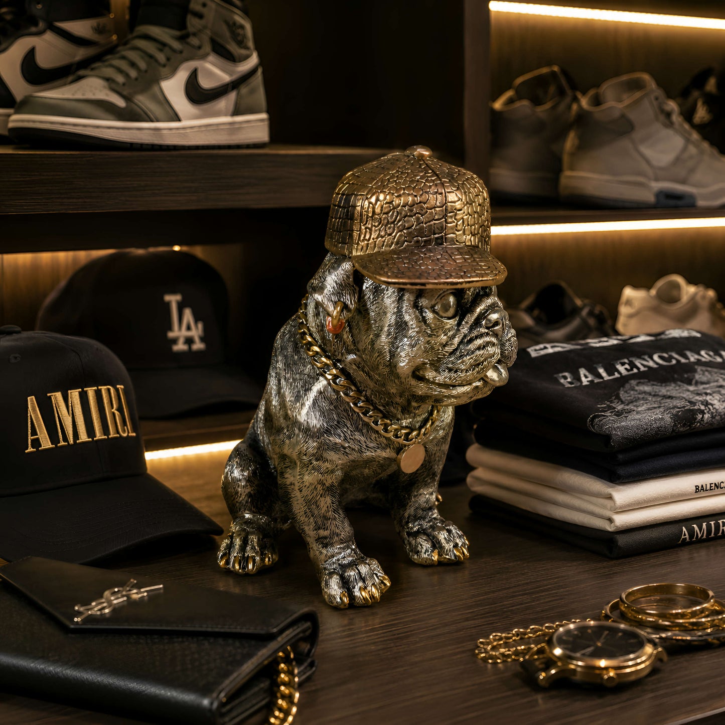 Goldene Bulldogge Dekofigur mit Cap – moderner Deko-Hund
