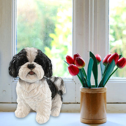 Hunde Figur Shih Tzu Welpe sitzend weiß-schwarz Hund Tierfigur Hundefigur