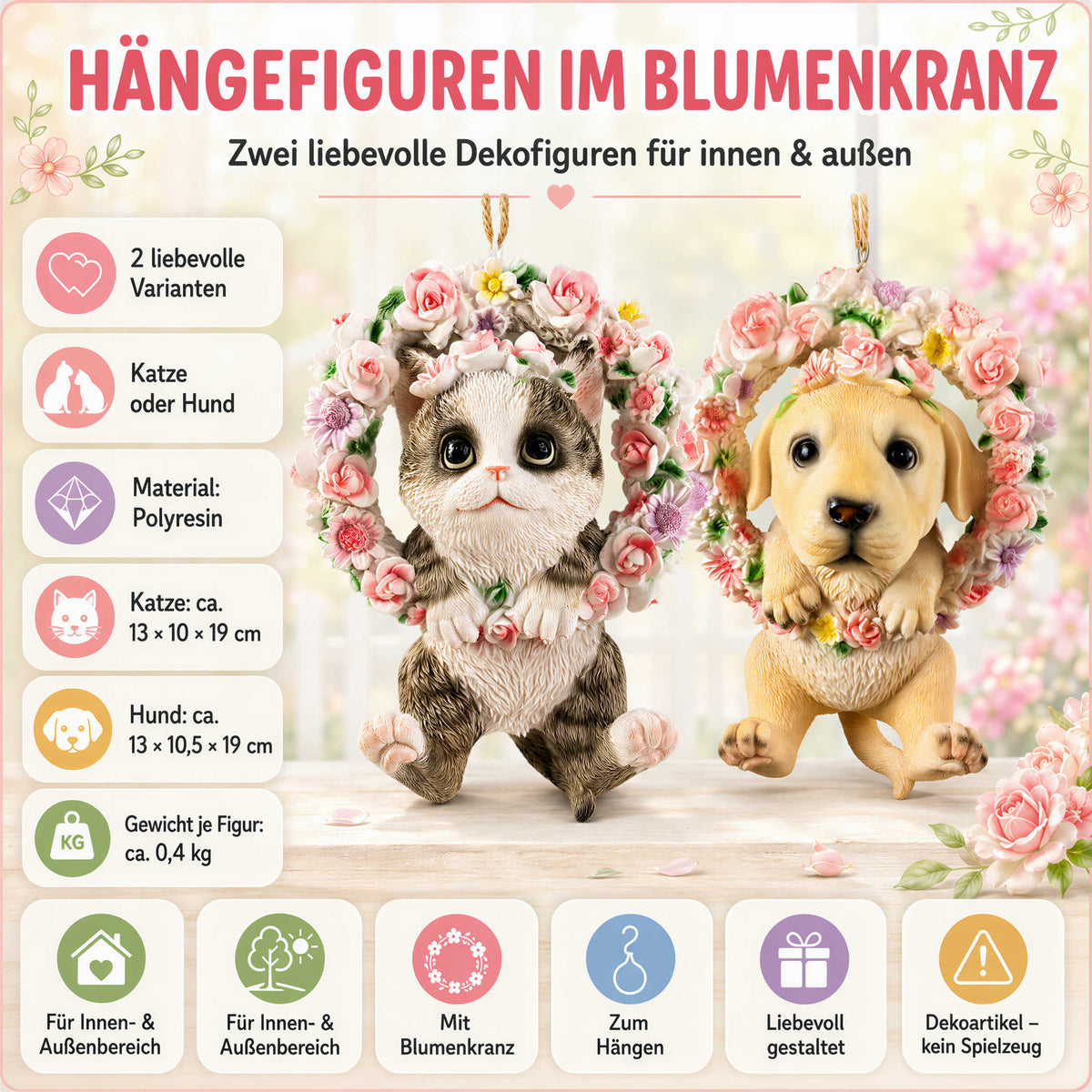 Hängedeko Katzenfigur oder Hundefigur im Blumenkranz – Tierfigur für Fenster & Garten