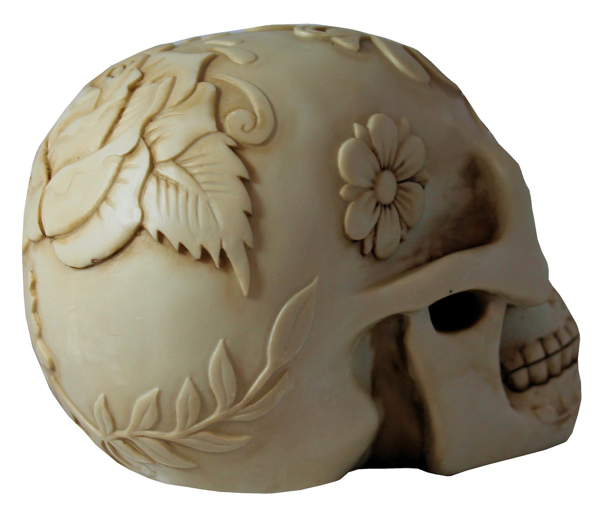Totenkopf Dekofigur mit Blumenmotiv – Gothic Schädel für Wohnung