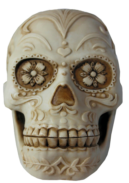 Totenkopf Dekofigur mit Blumenmotiv – Gothic Schädel für Wohnung