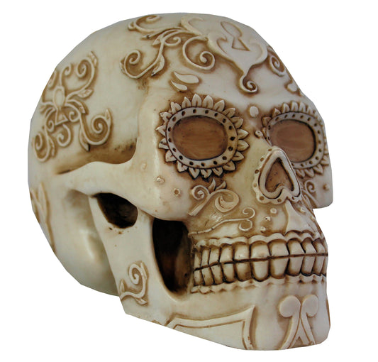 Totenkopf Dekofigur mit Sonnenblume – mystische Gothic Figur