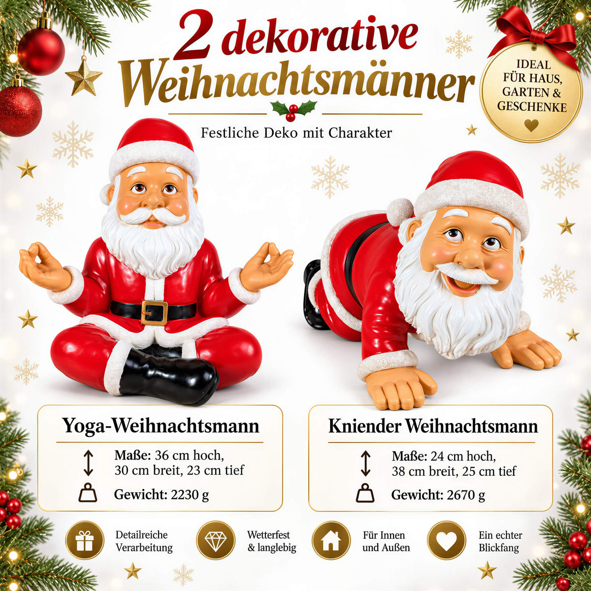 Lustige Weihnachtsmann Figur: Yoga oder kniend, Deko Figur für Haus & Garten