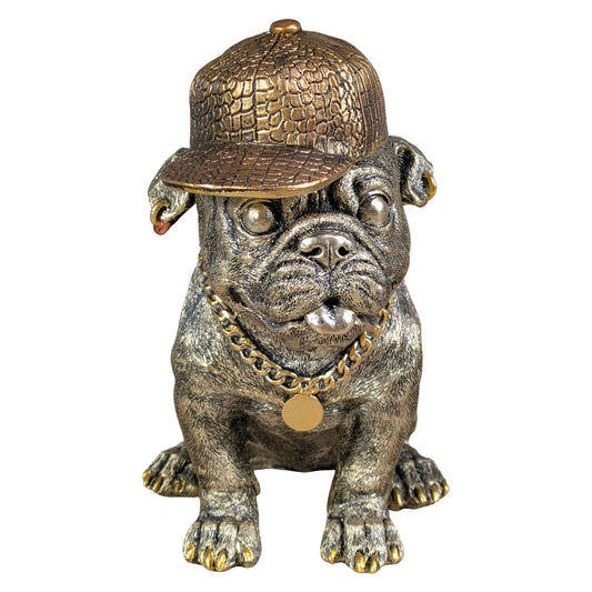 Goldene Bulldogge Dekofigur mit Cap – moderner Deko-Hund