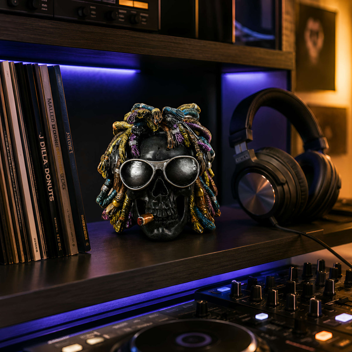 Rasta Totenkopf Dekofigur mit Sonnenbrille, Zigarre & Dreadlocks