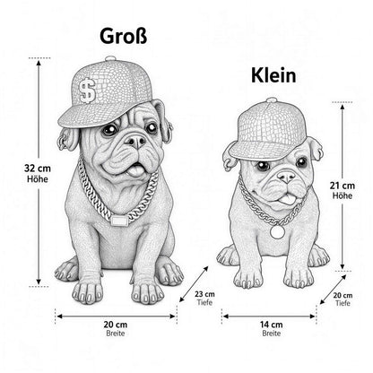 Bulldogge Dekofigur mit Cap, Hundefigur schwarz-gold