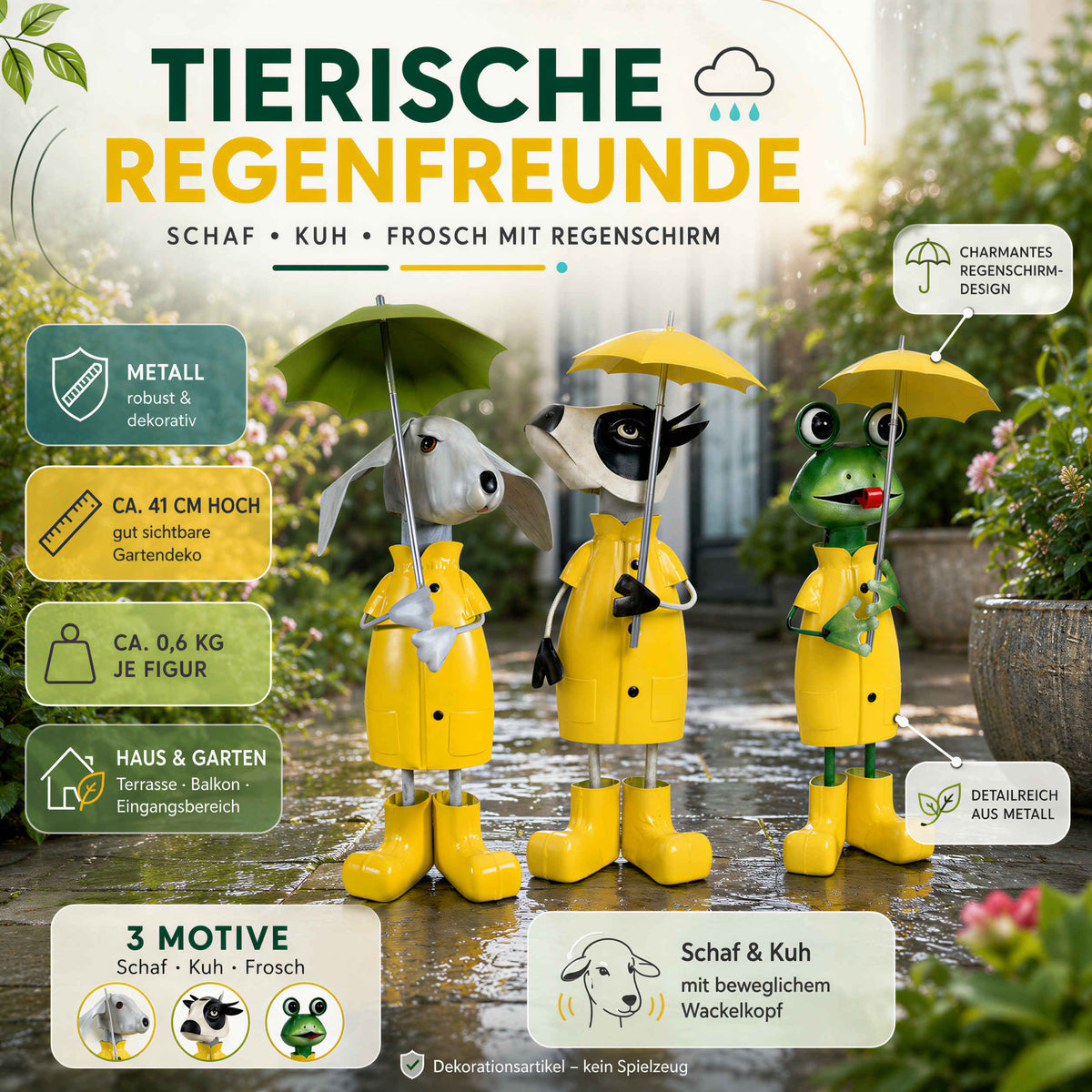 Lustige Gartenfigur aus Metall: Schaf, Kuh oder Frosch mit Regenschirm