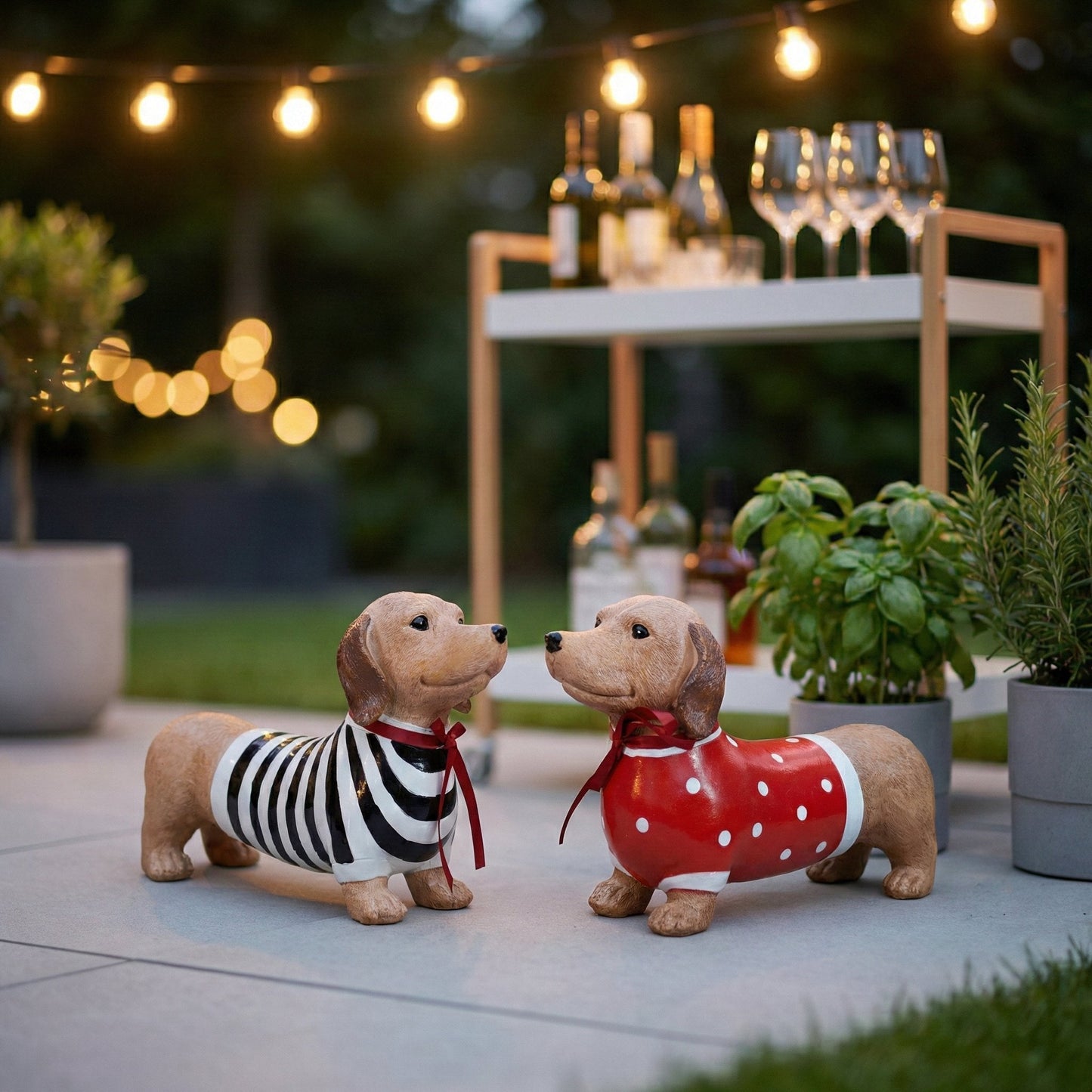 Dackel Deko Figur - handbemalte Dackelfigur für innen & außen, Gartendeko für Balkon, Terrasse & Garten, mit Pulli und roter Schleife - DackelDuo Monique et François