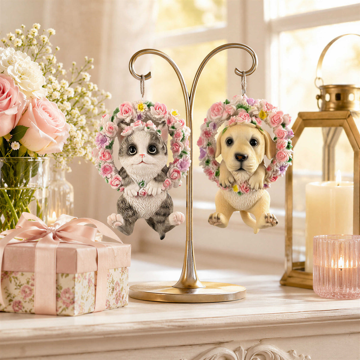 Hängedeko Katzenfigur oder Hundefigur im Blumenkranz – Tierfigur für Fenster & Garten