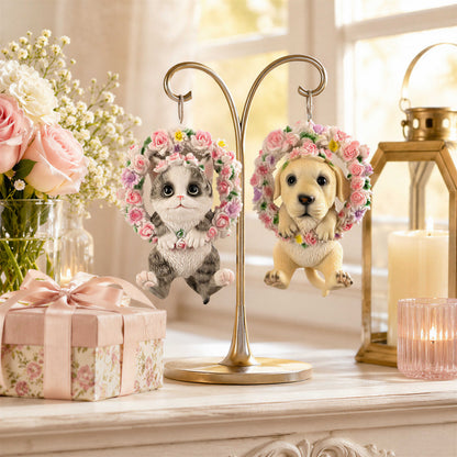 Hängedeko Katzenfigur oder Hundefigur im Blumenkranz – Tierfigur für Fenster & Garten